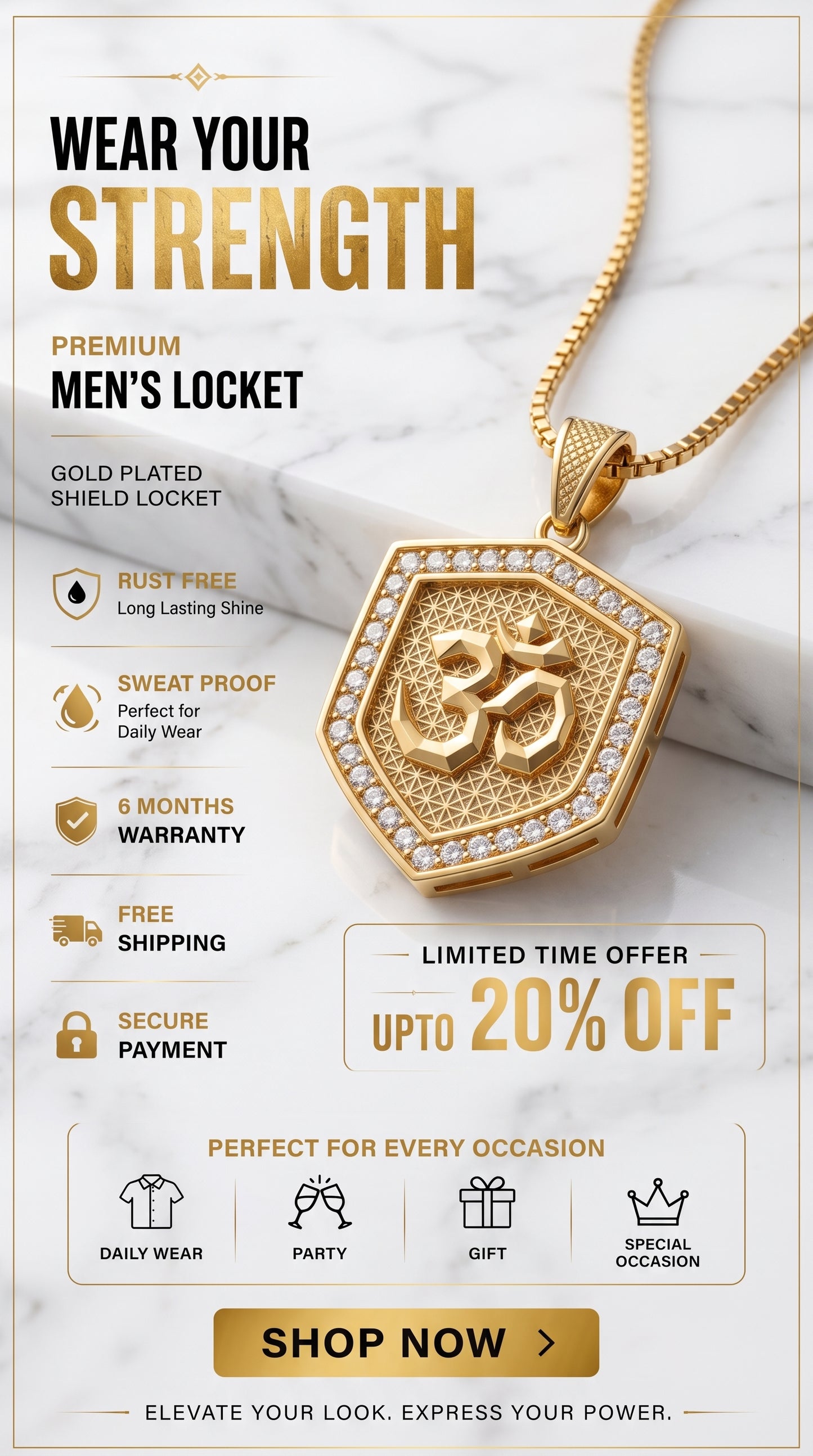 Gold-Plated Om (ॐ) Shield Locket with Chain for Men