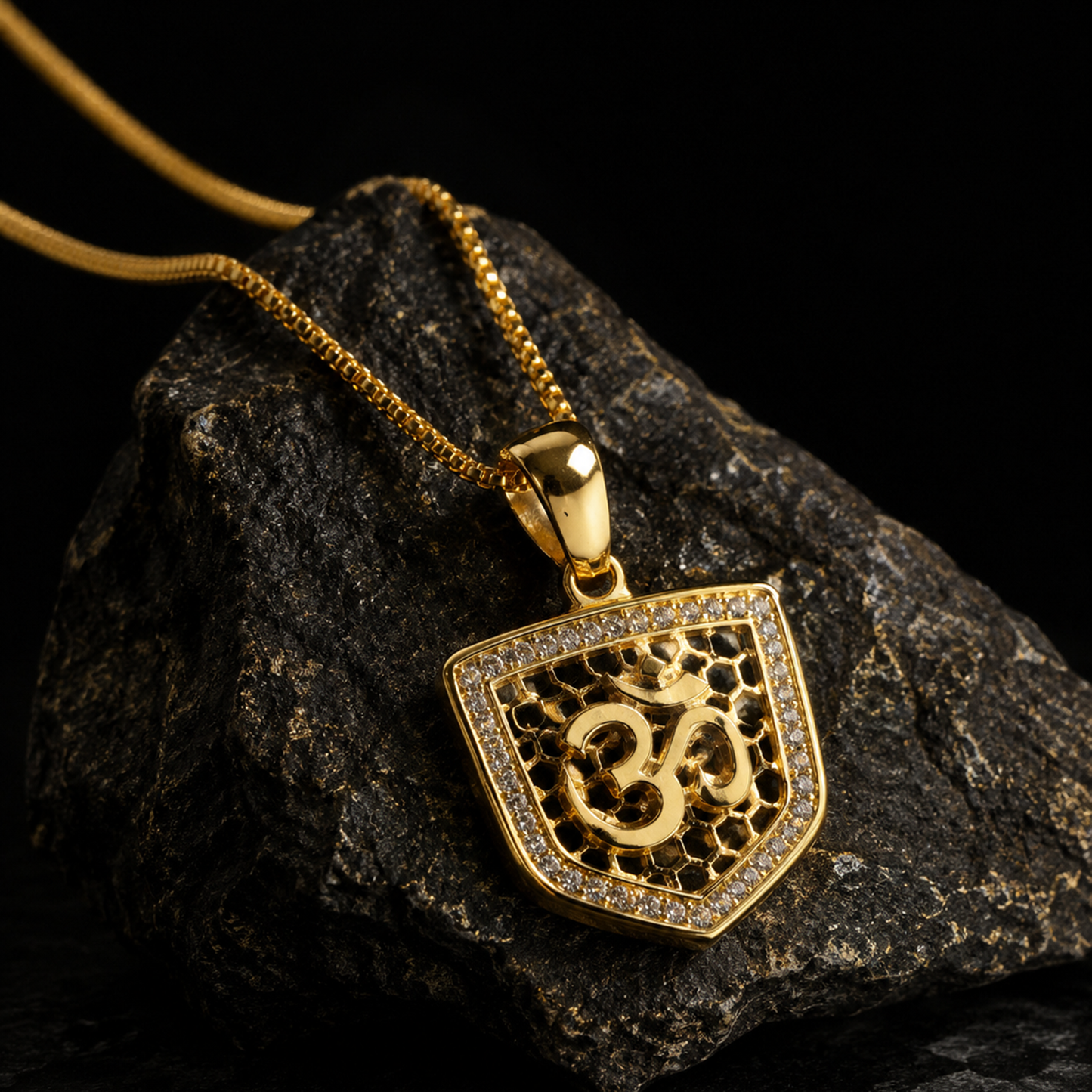 Gold-Plated Om (ॐ) Shield Locket with Chain for Men