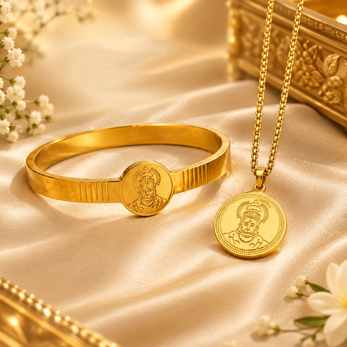Hanuman Ji Gold Finish Kada & Locket Set | Traditional Hanuman Pendant