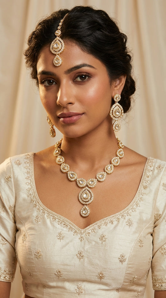 Gold Finish Gold Stone Necklace Set, earrings & maang tikka