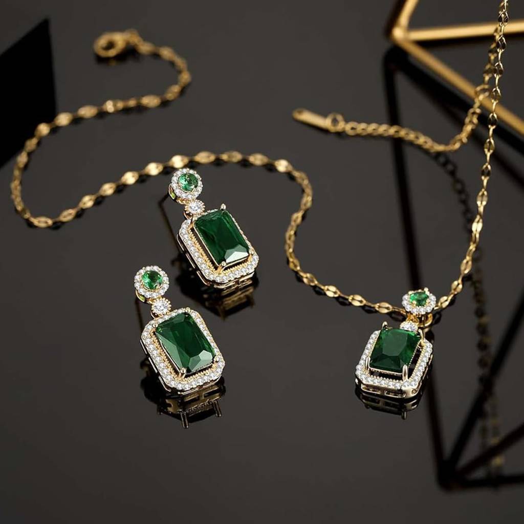 Elegant Green Emerald Pendant Necklace & Earrings Set | Gold-Plated KJ Jewellery Set