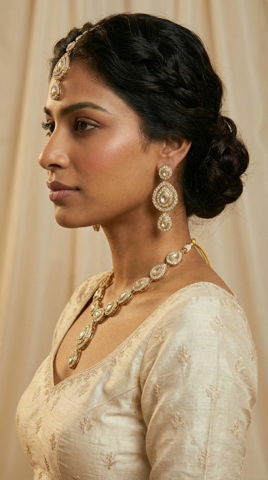 Gold Finish Gold Stone Necklace Set, earrings & maang tikka