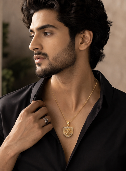 Gold-Plated Om (ॐ) Shield Locket with Chain for Men