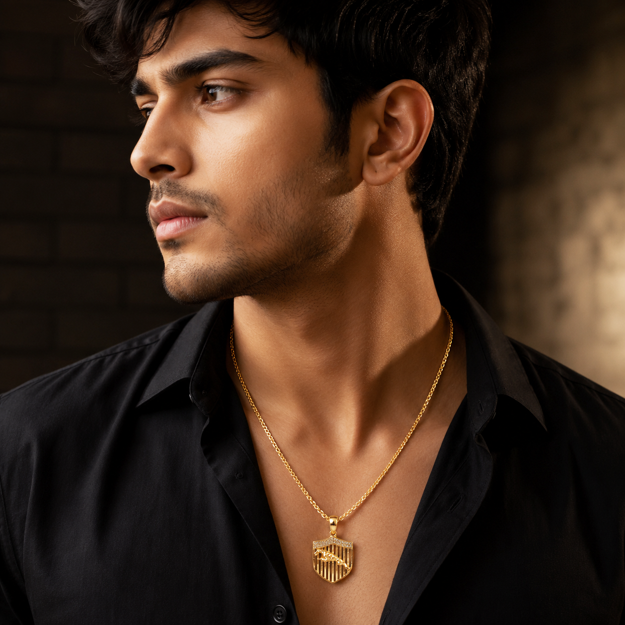Luxury Gold Plated Jaguar Shield Locket with Chain for Men