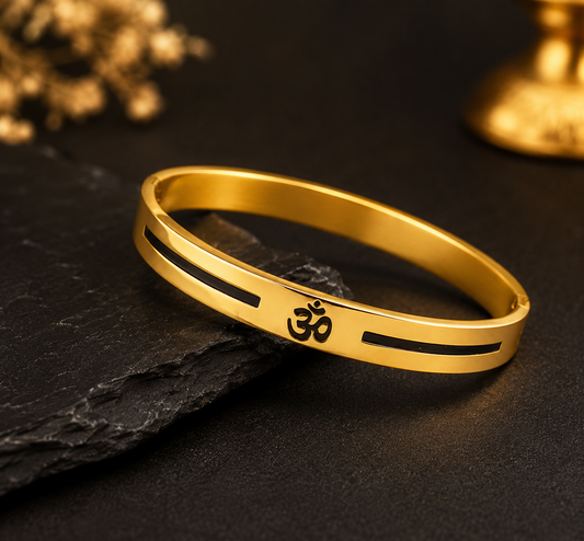 Gold-Plated Stainless Steel OM Symbol Enamelled Kada Bracelet