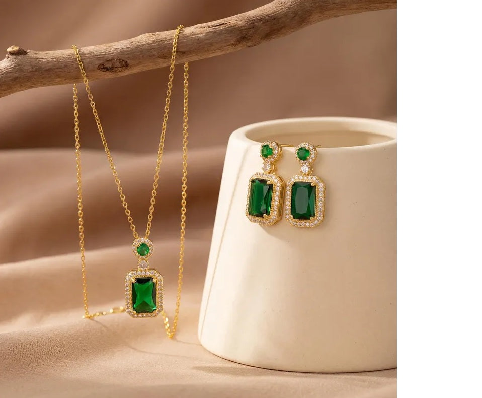 Elegant Green Emerald Pendant Necklace & Earrings Set | Gold-Plated KJ Jewellery Set