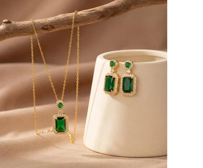 Elegant Green Emerald Pendant Necklace & Earrings Set | Gold-Plated KJ Jewellery Set