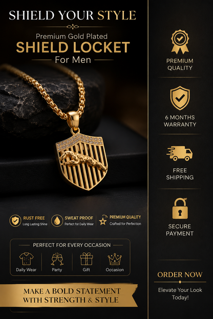 Luxury Gold Plated Jaguar Shield Locket with Chain for Men