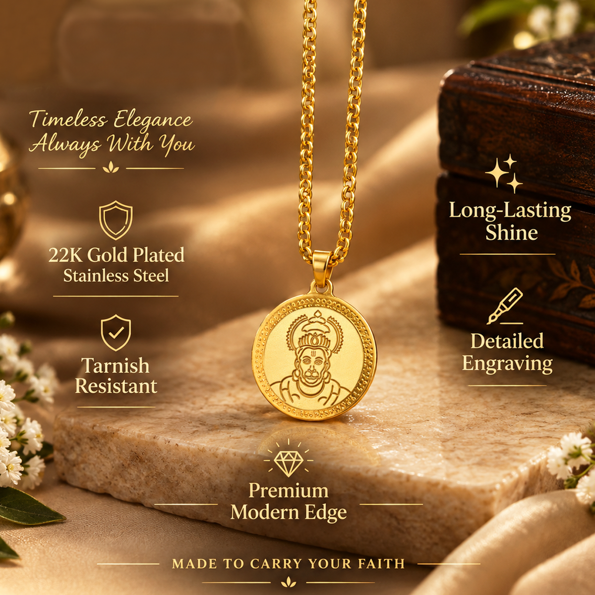 Premium Gold Hanuman Ji Pendant Necklace | Hanuman Locket for Men & Women | Spiritual Religious Jewellery