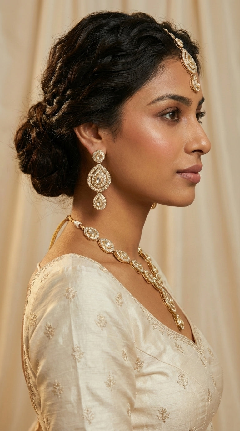 Gold Finish Gold Stone Necklace Set, earrings & maang tikka
