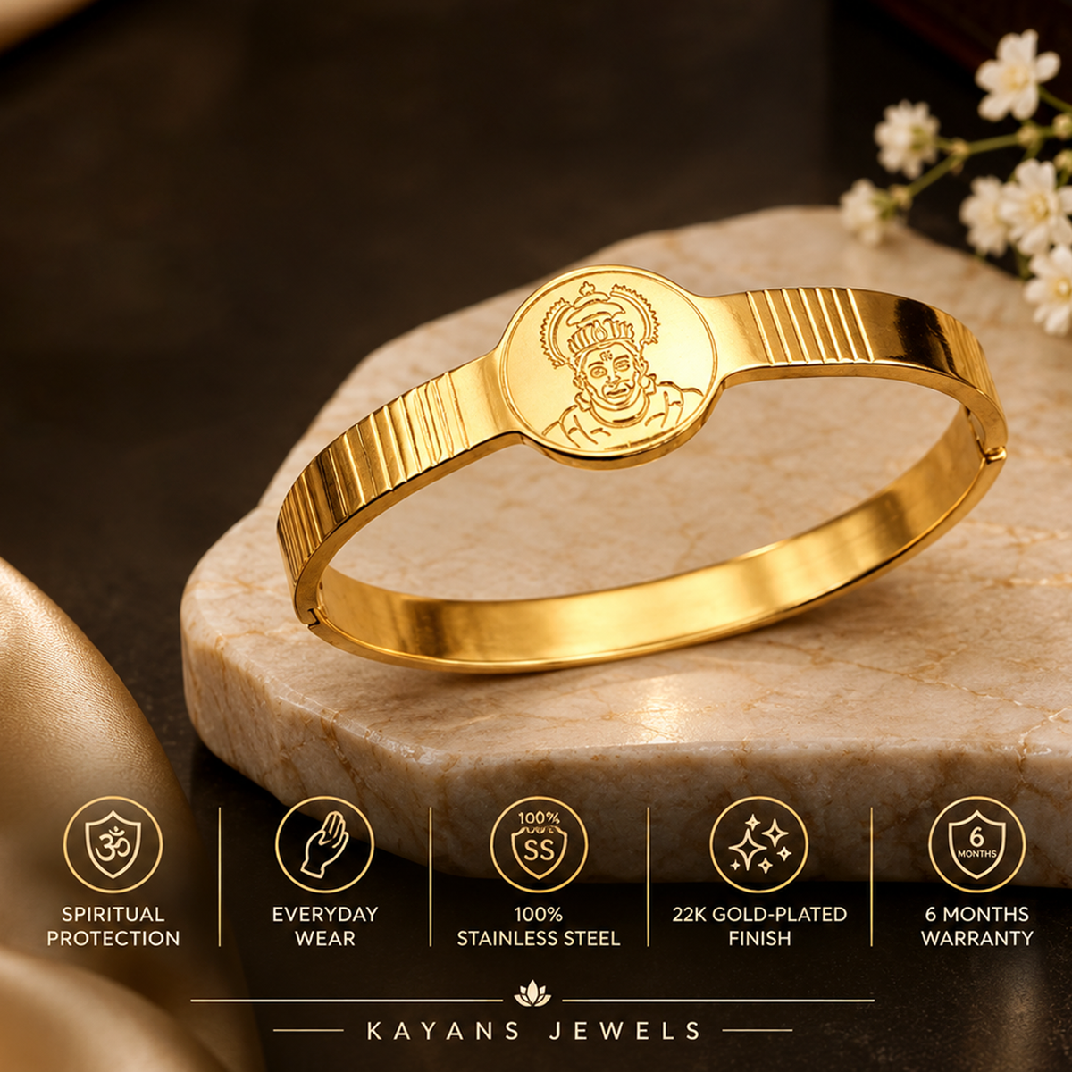 Premium Hanuman Ji Gold-Plated Kada Bracelet for Men | Hanuman Engraved Spiritual Kada
