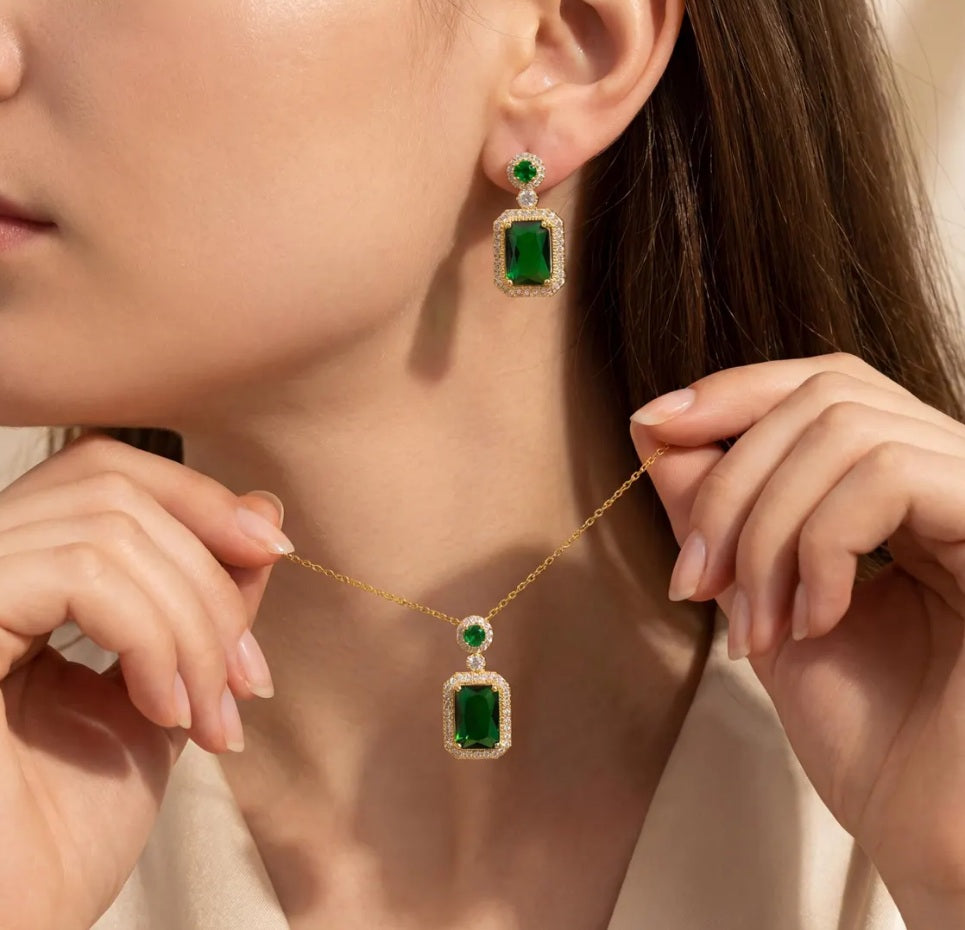 Elegant Green Emerald Pendant Necklace & Earrings Set | Gold-Plated KJ Jewellery Set