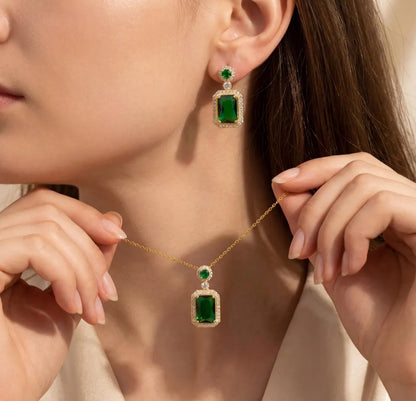 Elegant Green Emerald Pendant Necklace & Earrings Set | Gold-Plated KJ Jewellery Set