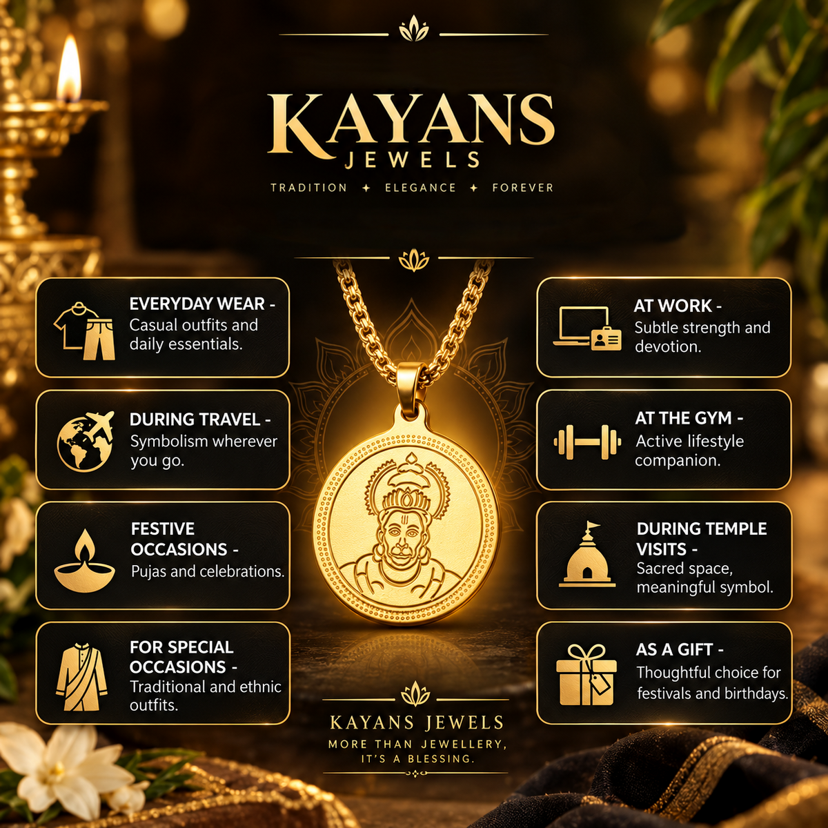 Premium Gold Hanuman Ji Pendant Necklace | Hanuman Locket for Men & Women | Spiritual Religious Jewellery