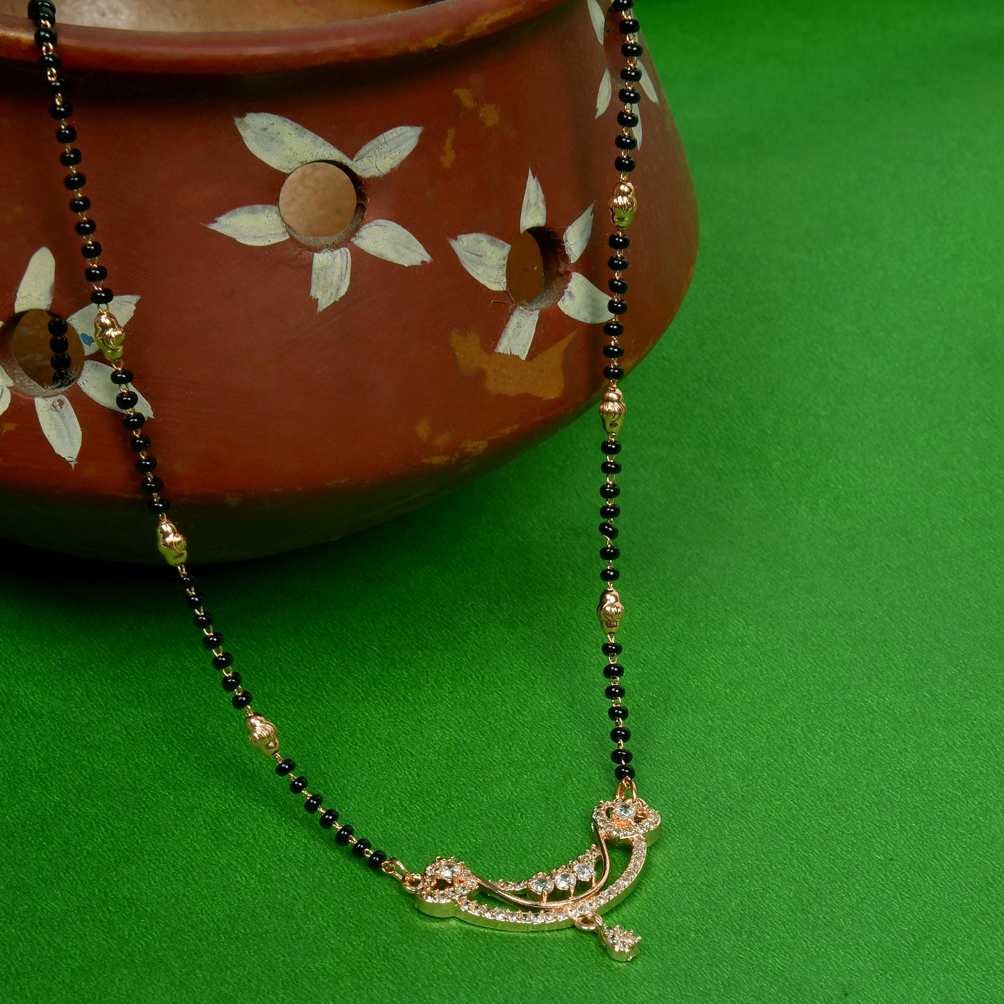 Rose Gold-Plated Stone Studded & Beaded Mangalsutra