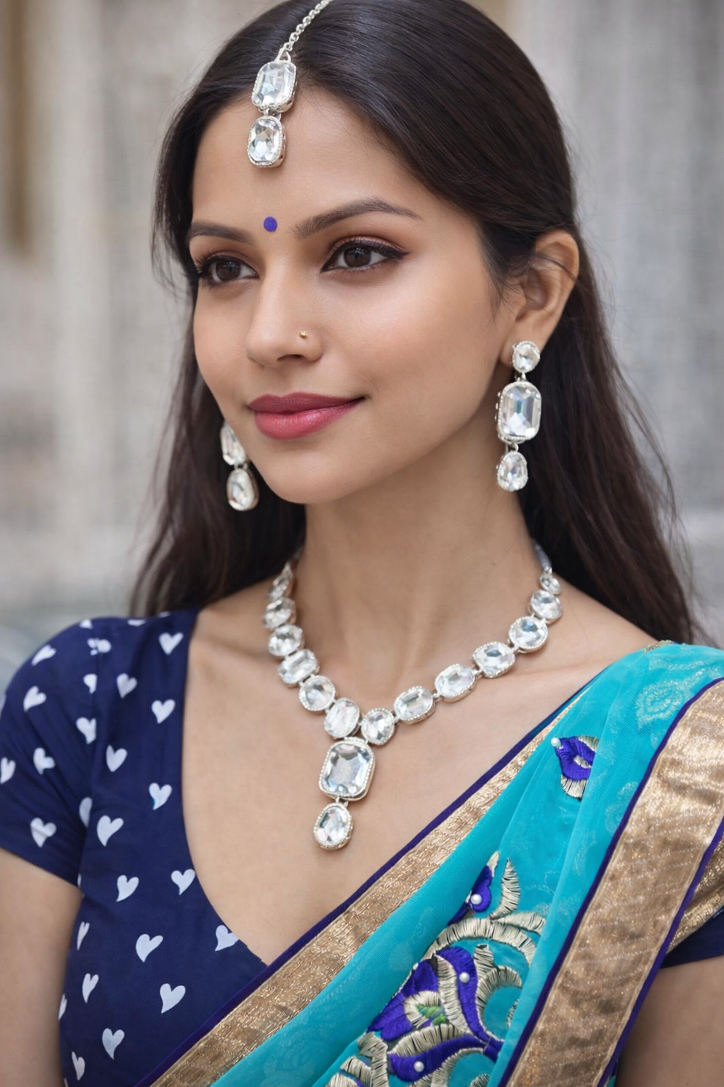 Elegant AD Silvar Necklace Set for Women – Necklace, Earrings & Maang Tikka
