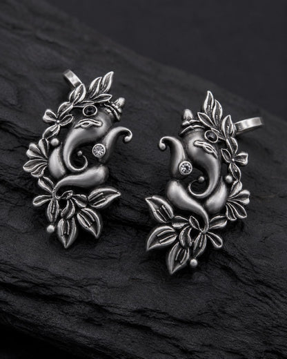 Vintage Oxidised Silver Ganesh Ear Cuff Earrings for Women | No Piercing Adjustable Ear Wrap | Boho Temple Jewelry