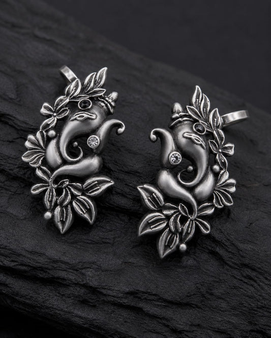 Vintage Oxidised Silver Ganesh Ear Cuff Earrings for Women | No Piercing Adjustable Ear Wrap | Boho Temple Jewelry
