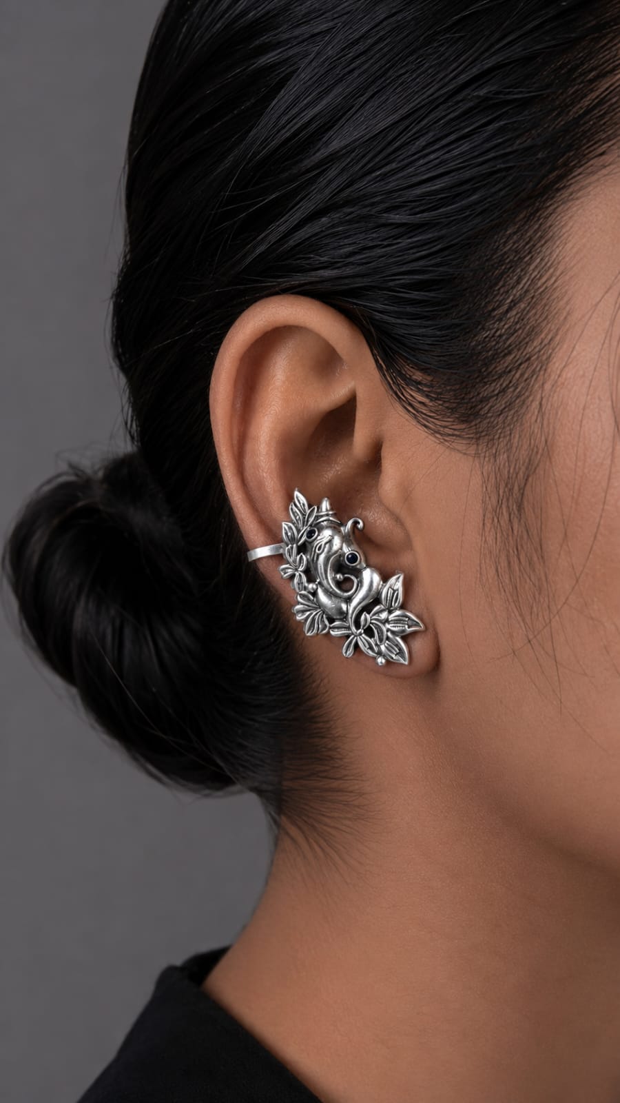 Vintage Oxidised Silver Ganesh Ear Cuff Earrings for Women | No Piercing Adjustable Ear Wrap | Boho Temple Jewelry