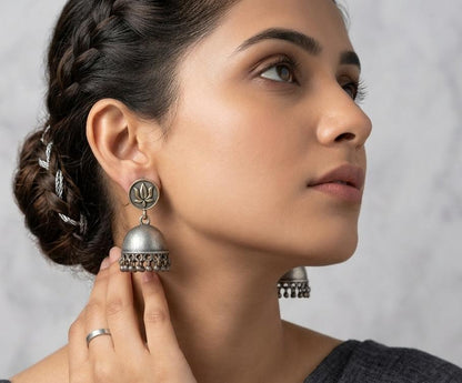 Vintage Oxidised Silver Lotus Jhumka Earrings for Women | Traditional Ethnic Dome Drop Earrings