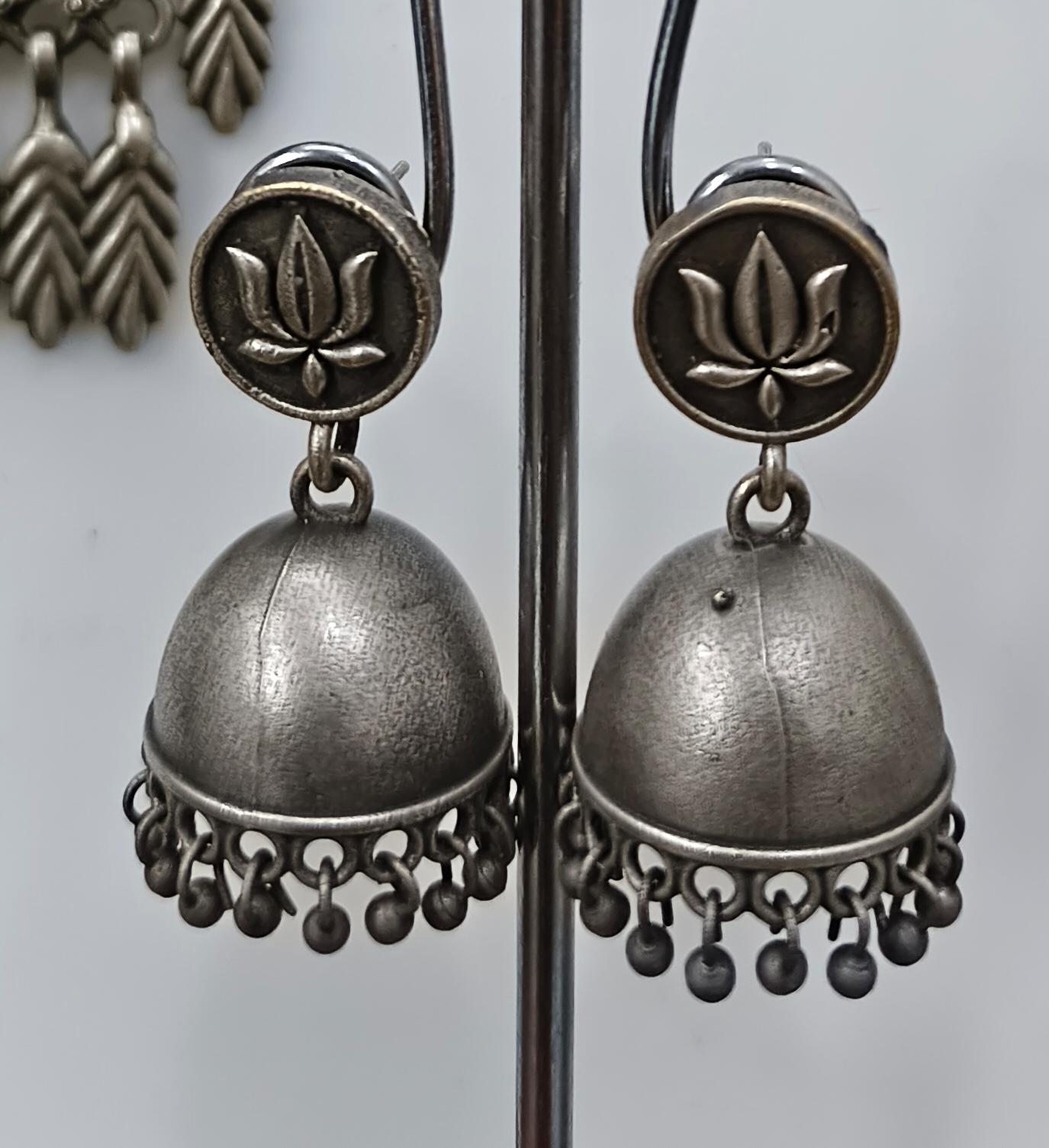 Vintage Oxidised Silver Lotus Jhumka Earrings for Women | Traditional Ethnic Dome Drop Earrings
