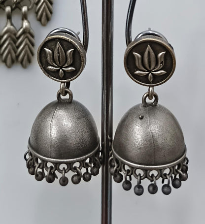 Vintage Oxidised Silver Lotus Jhumka Earrings for Women | Traditional Ethnic Dome Drop Earrings