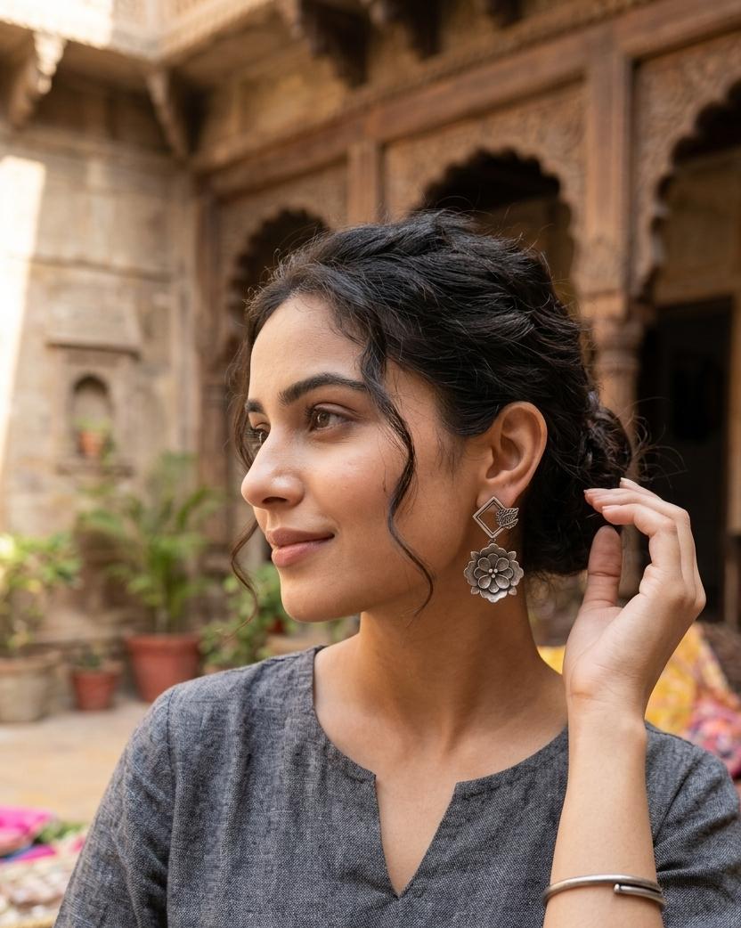 Vintage Oxidised Silver Floral Drop Earrings for Women | Boho Statement Flower Earrings | Ethnic Handmade Jewelry