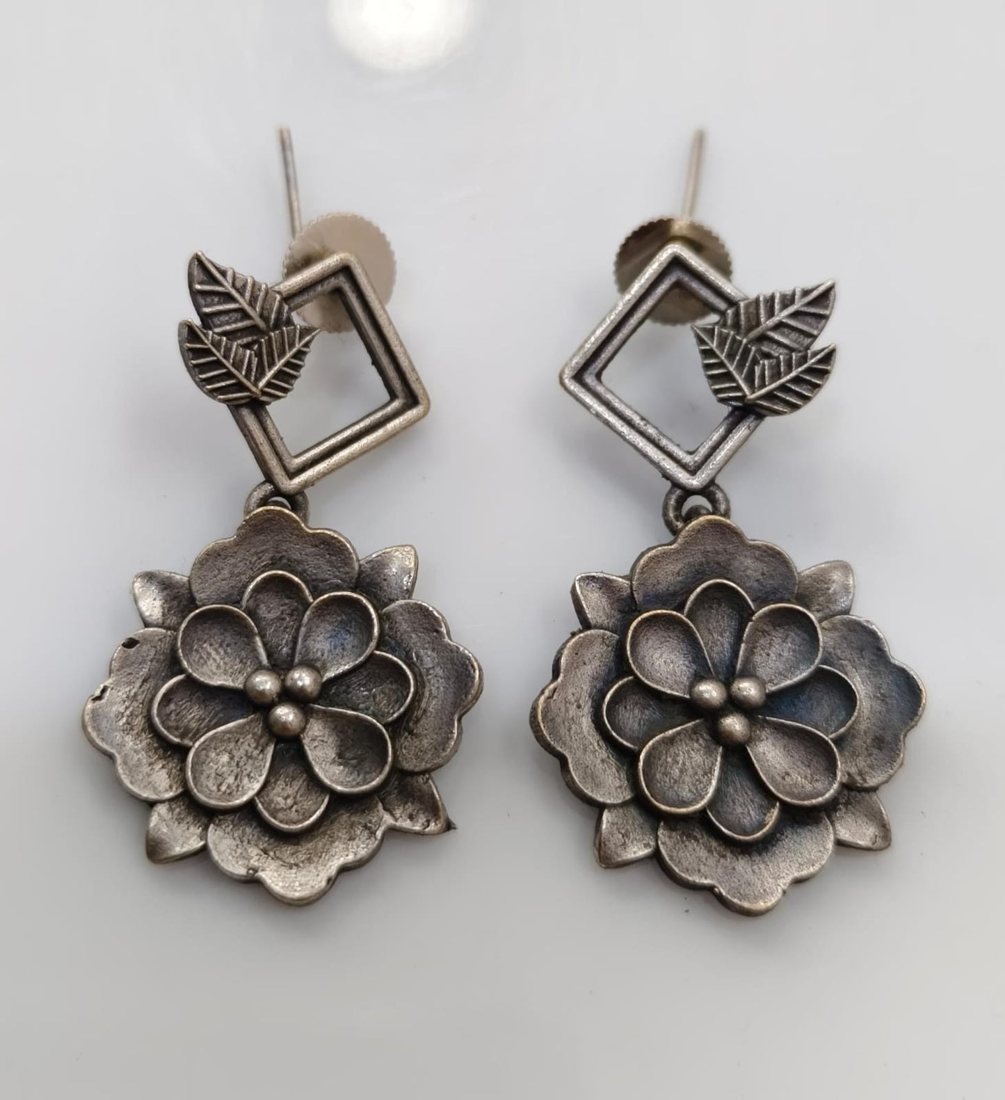 Vintage Oxidised Silver Floral Drop Earrings for Women | Boho Statement Flower Earrings | Ethnic Handmade Jewelry