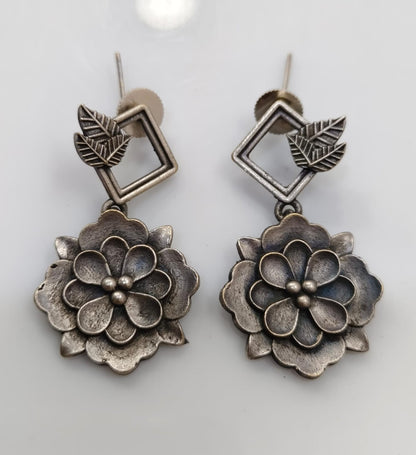 Vintage Oxidised Silver Floral Drop Earrings for Women | Boho Statement Flower Earrings | Ethnic Handmade Jewelry