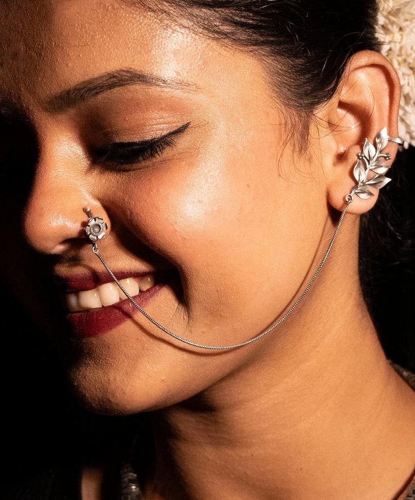 Silver Floral Ear Cuff Nose Ring Chain | Ethnic Tribal Piercing Jewelry for Women