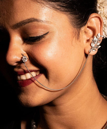 Silver Floral Ear Cuff Nose Ring Chain | Ethnic Tribal Piercing Jewelry for Women