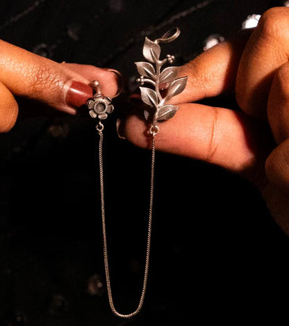 Silver Floral Ear Cuff Nose Ring Chain | Ethnic Tribal Piercing Jewelry for Women