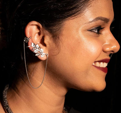 Silver Floral Ear Cuff Nose Ring Chain | Ethnic Tribal Piercing Jewelry for Women