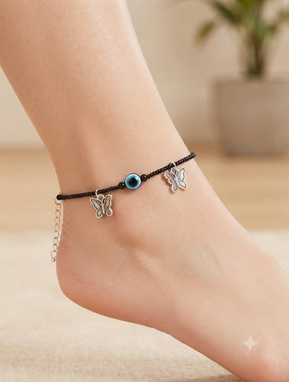 Evil Eye Butterfly Anklet | Black Beads Silver Payal for Women