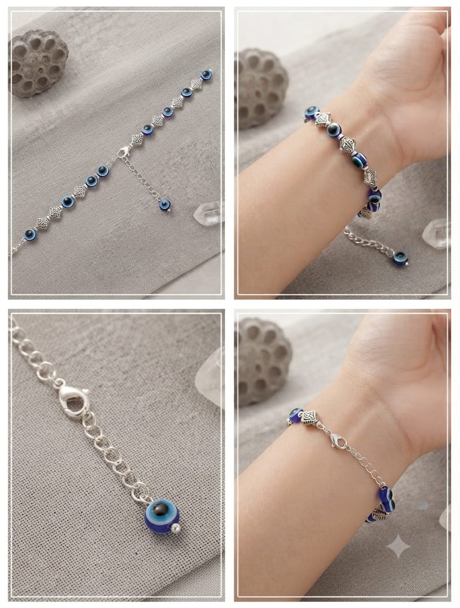 Evil Eye Blue Beaded Bracelet for Women | Silver Charm Adjustable Bracelet