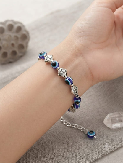Evil Eye Blue Beaded Bracelet for Women | Silver Charm Adjustable Bracelet