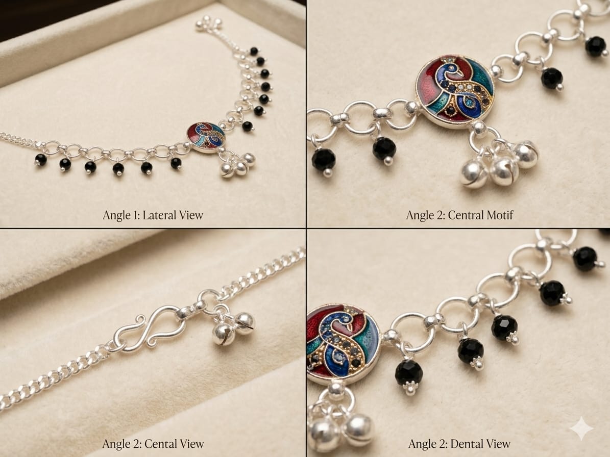 Peacock Design Silver Payal with Black Beads – Traditional Designer Anklet
