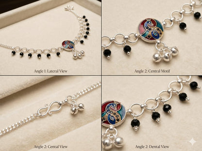 Peacock Design Silver Payal with Black Beads – Traditional Designer Anklet