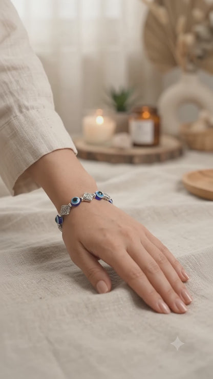 Evil Eye Blue Beaded Bracelet for Women | Silver Charm Adjustable Bracelet