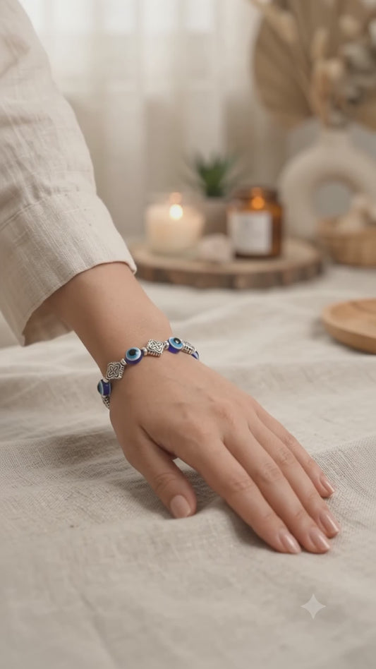 Evil Eye Blue Beaded Bracelet for Women | Silver Charm Adjustable Bracelet