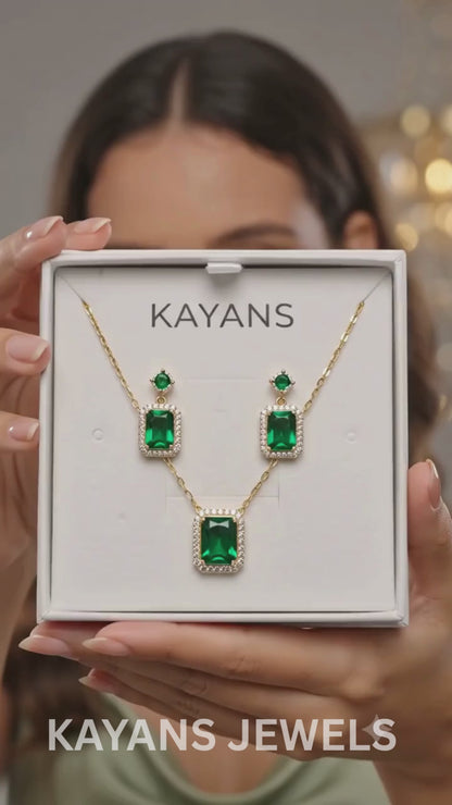 Elegant Green Emerald Pendant Necklace & Earrings Set | Gold-Plated KJ Jewellery Set